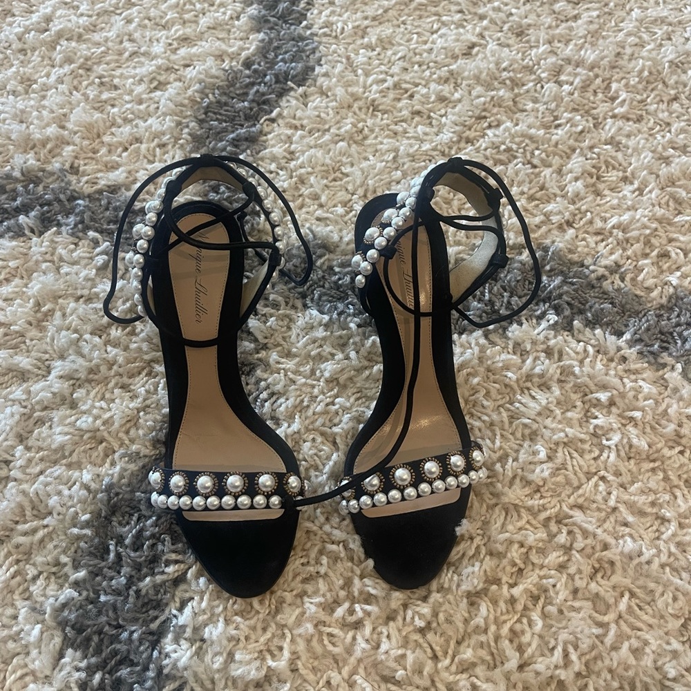 Monique Lhuillier strappy pearl enhanced black suede sandal